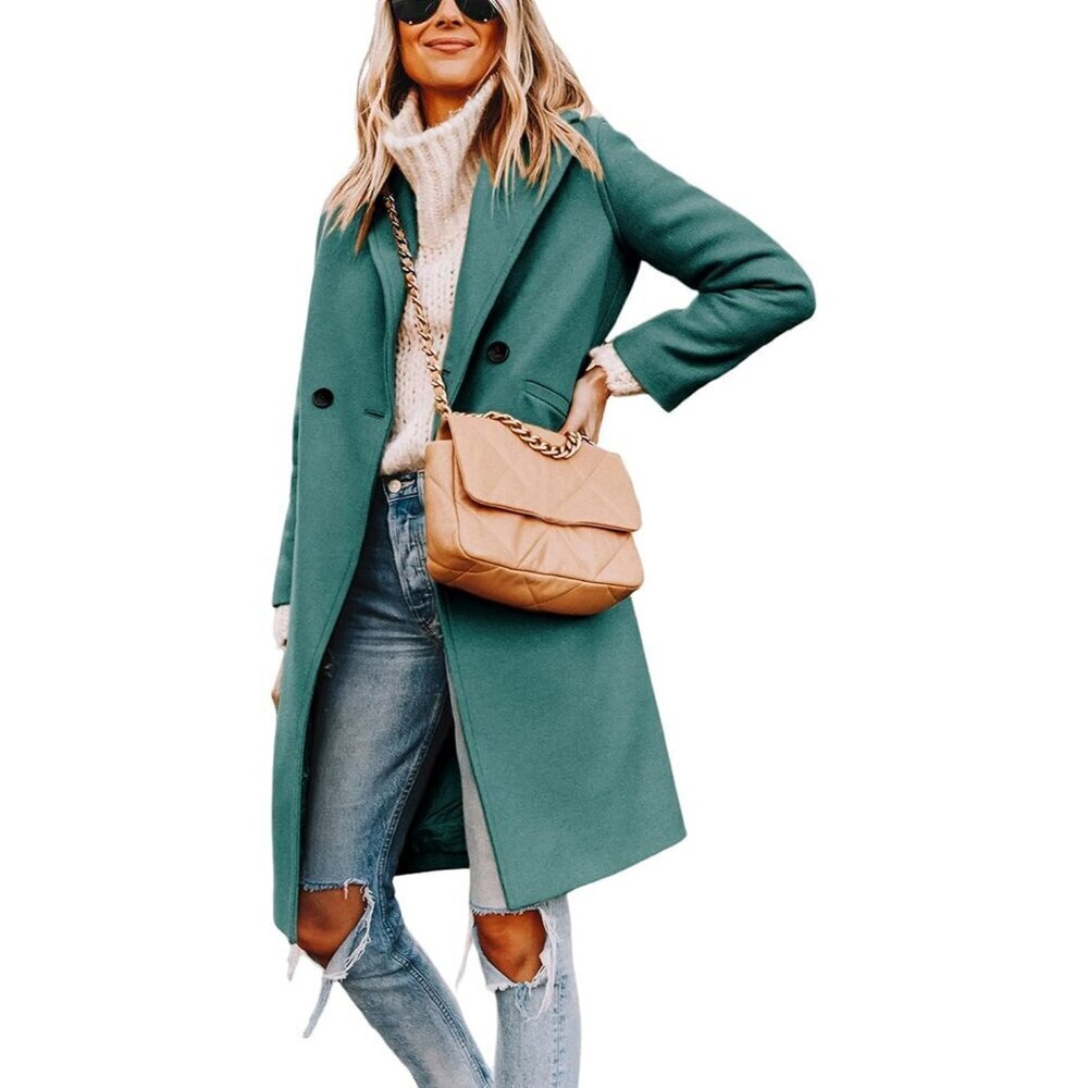 🆕Women's Teal Winter Wool Coat Casual Notch Lapel Single-Breasted Peacoat